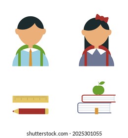 Set of schoolchildren with school supplies. Schoolgirl and schoolboy with backpacks, stack of books, pencil and ruler.