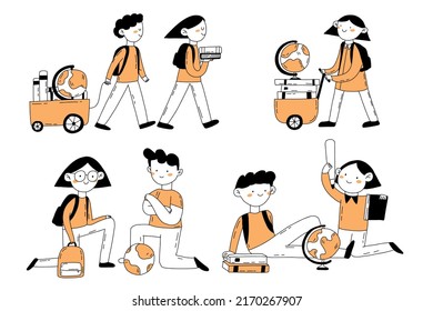 Set of schoolchildren with school supplies.Pupils with books and backpacks. Hand drawn vector outline set of cartoon characters in doodle style.