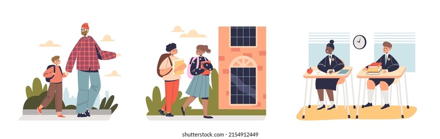 Set of schoolchildren sitting in classroom, walking to school together with parents. Happy pupils learning. Small children in school. Cartoon flat vector illustration