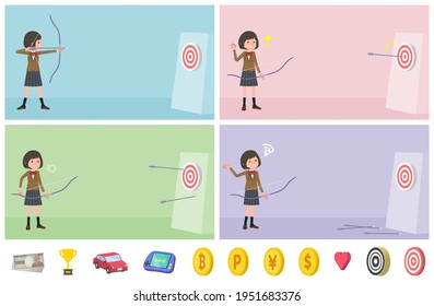 A set of schoolgirl aiming with a bow and arrow.It's vector art so easy to edit.
