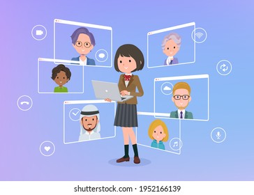 A set of schoolgirl communicating online using a laptop.It's vector art so easy to edit.