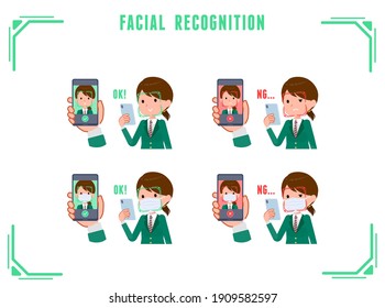 A Set Of Schoolgirl Doing Facial Recognition On Their Phones.It's Vector Art So Easy To Edit.