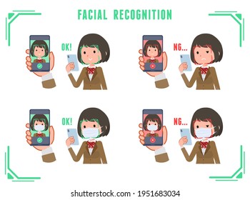 A Set Of Schoolgirl Doing Facial Recognition On Their Phones.It's Vector Art So Easy To Edit.