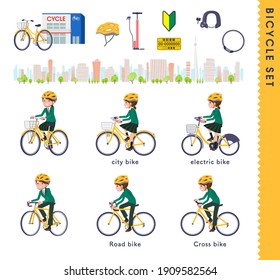 A set of schoolgirl riding various bicycles.It's vector art so easy to edit.