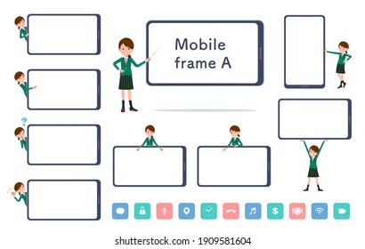 A set of schoolgirl and smartphone screen.type-A.It's vector art so easy to edit.The inside of the screen is transparent, so it is easy to fit.