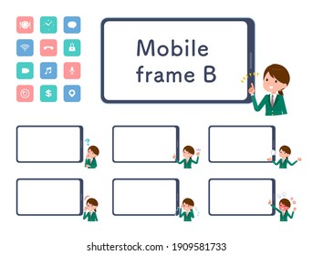 A set of schoolgirl and smartphone screen.type-B.It's vector art so easy to edit.The inside of the screen is transparent, so it is easy to fit.