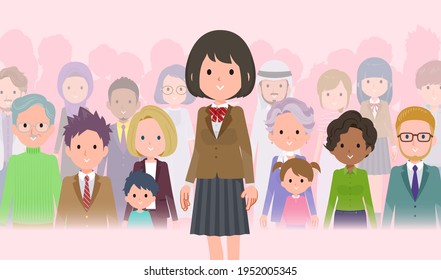A set of schoolgirl standing in front of a large number of people.It's vector art so easy to edit.