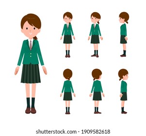 Eine Reihe von Schulmädchen, die stehen.Front, Seite und Hinterwinkel.Es ist Vektorkunst so einfach zu bearbeiten.