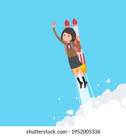 A set of schoolgirl taking off with a rocket jet.It's vector art so easy to edit.