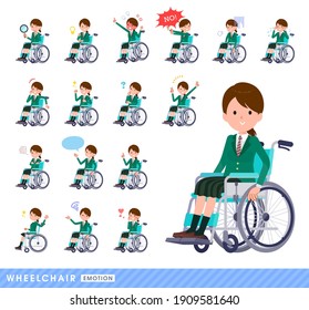 A set of schoolgirl in a wheelchair.It depicts emotions such as laughter, anger, and trouble.It's vector art so easy to edit.