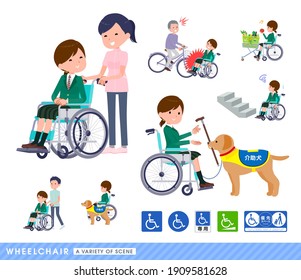 A set of schoolgirl in a wheelchair.It depicts various situations of wheelchair users.