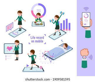 A set of schoolgirl who manage their behavior and health on their smartphones.It's vector art so easy to edit.