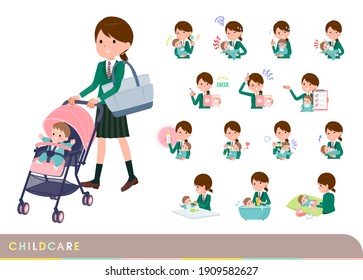 A set of schoolgirl who take care of their baby.It's vector art so easy to edit.