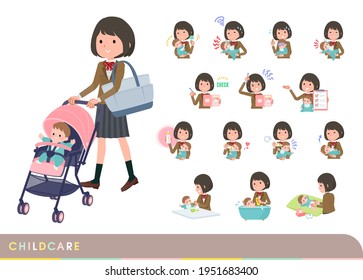 A set of schoolgirl who take care of their baby.It's vector art so easy to edit.