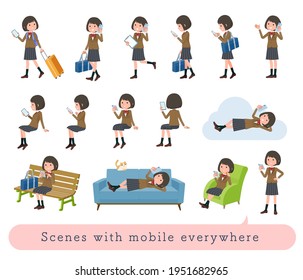 A set of schoolgirl who uses a smartphone in various scenes.It's vector art so easy to edit.