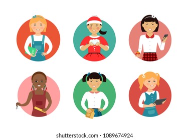 Set of schoolgirls characters of various ethnicity, age, holding different objects 