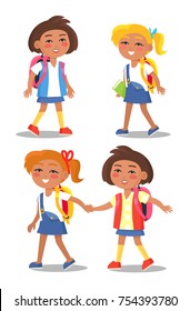 Set of schoolgirls first year pupils with backpacks isolated on white background. Smiling female kids in school uniform vector illustrations