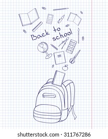 Set of school-related items. Sketch-like illustration of a backpack, books, pens and other objects for studies. Background imitating a sheet of paper from a copy-book, eps10.