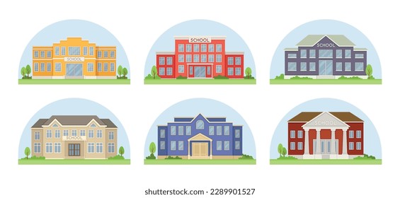 Set of schools. Collection of colleges and universities. Buildings for learning and education with green lawn, trees and bushes. Cartoon flat vector illustrations isolated on white background