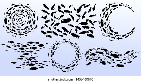Set of schools of fish. Black silhouettes of groups of sea fishes swim in a circle. Colony of small fish. Marine life. Tattoo. Logo fishes. Icon vector illustration. Isolated on white background.