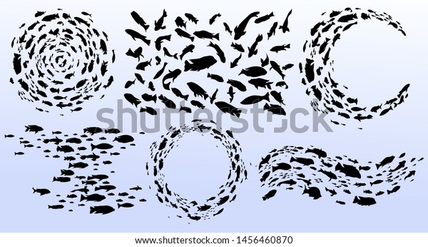 魚の群れ 黒い背景に海魚の群れが輪を描いて泳ぐ 小魚の群れ 海洋生物 タトゥー ロゴフィッシュ アイコンベクターイラスト 白い背景に のベクター画像素材 ロイヤリティフリー
