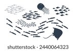Set of schools of fish. Flock of fishes in the doodle style.