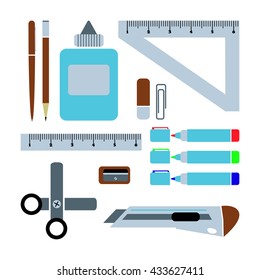 Set of schools supplies from student's backpack. Vector flat illustration. 