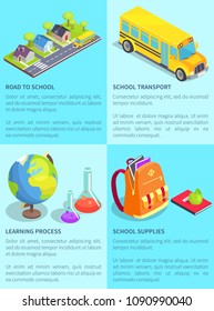 Set of school-themed posters with text. Isolated vector illustration of asphalt road along with houses, yellow bus and various objects and supplies
