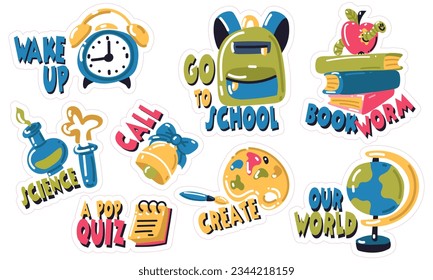 A set of school-themed stickers with inscriptions. Vector flat illustration in a hand-drawn style. Back to school with motivation. Cartoon bright children's