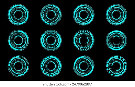 Set of sci fi blue circle user interface elements technology futuristic design modern creative on black background vector illustration.