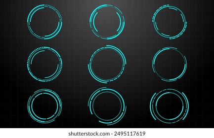 Conjunto de Elementos de interfaz de usuario de circulo azul de ciencia ficción tecnología diseño futurista moderno creativo sobre fondo negro Ilustración vectorial.