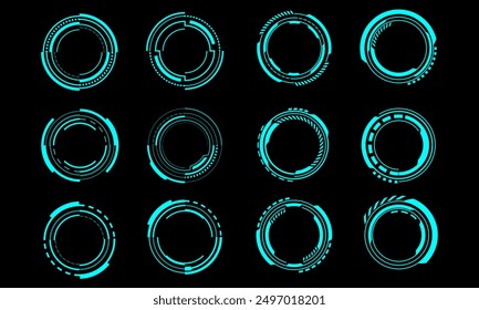 Set of sci fi blue circle user interface elements technology futuristic design modern creative on black background vector illustration.