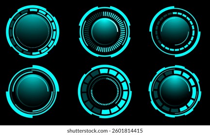 Set of sci fi blue circle user interface elements technology futuristic design modern creative on black background vector illustration.