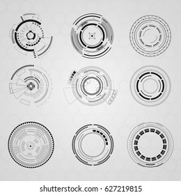 Set of sci fi futuristic user interfaces on grey background. Vector illustration.