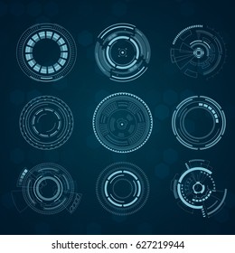 Set of sci fi futuristic user interfaces on blue background. Vector illustration.