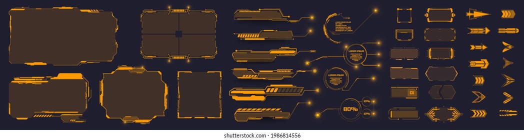 Set of Sci Fi Modern  GUI, HUD, UI futuristic elements. Callouts, buttons,frame,  futuristic bar labels, information call box bars, arrows. Navigation elements for game. Vector illustration