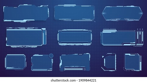 Set of Sci Fi Modern User Interface Elements. Digital futuristic hud interface panels, hologram high tech screen on isolated background. Display sci fi boxes for game. High tech screen for video game