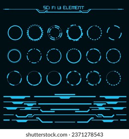 Set of Sci Fi Modern User Interface Elements. Futuristic Abstract HUD. Good for game UI. Circle and footer elements for data infographics. Vector Illustration.