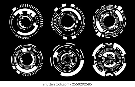 Set of sci fi white circle user interface elements technology futuristic design modern creative on black background vector illustration.
