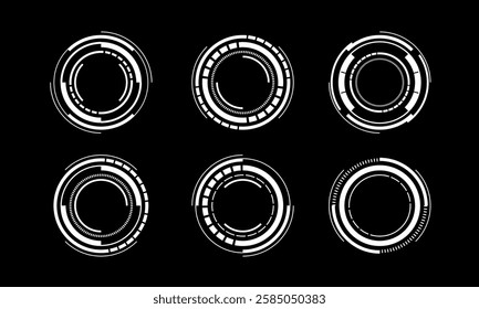 Set of sci fi white circle user interface elements technology futuristic design modern creative on black background vector illustration.