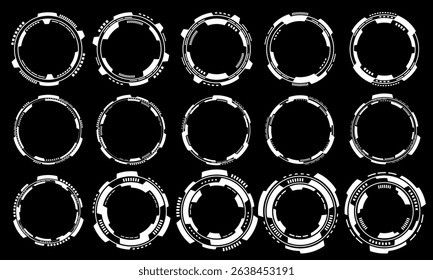 Set of sci fi white circle user interface elements technology futuristic design modern creative on black background vector illustration.