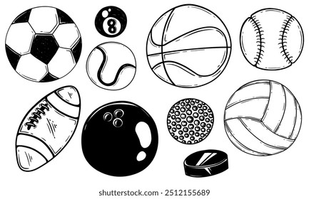 Conjunto de garabatos dibujados a mano ilustración de pelota deportiva. Boceto de dibujos animados aislado sobre fondo blanco. hay fútbol, baloncesto, béisbol, bolos, voleibol, Ilustración vectorial de rugby.