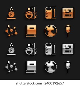 Set Science book, Graphing paper for engineering, Syringe, Earth globe, Chemical formula, Height geometrical figure, Force of physic and Basic shapes icon. Vector