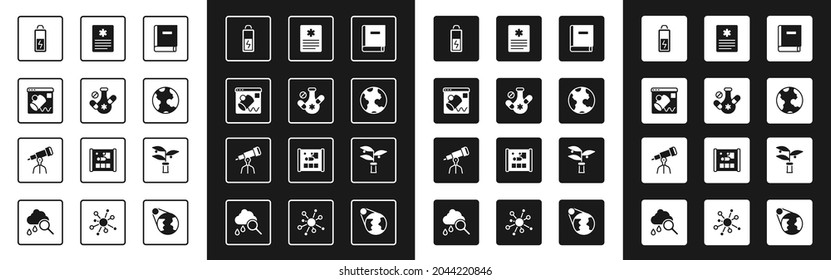 Set Science Book, Medicine Pill, Data Visualisation, Battery, Earth Globe, Patient Record, Plant Breeding And Telescope Icon. Vector