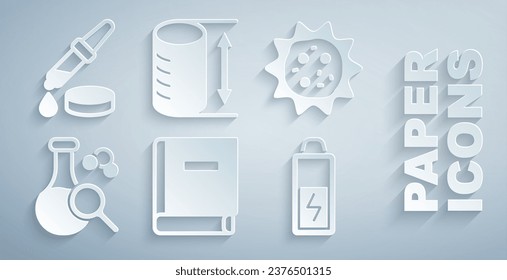 Set Science book, Virus, Test tube, Battery, Height geometrical figure and Pipette icon. Vector