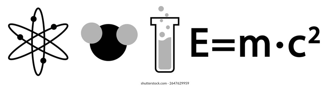 Conjunto de ícones de conceitos científicos: modelo atômico, modelo molecular, tubo de ensaio de vidro e equação da teoria da relatividade, sobre fundo transparente, projeto de linha plana, ilustração vetorial