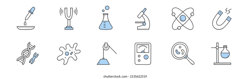 Conjunto de íconos del doodle científico, equipo de laboratorio químico y herramientas de física científica. Pipeta, vaso de precipitado, microscopio de laboratorio, adn, células de microorganismos, lupa, medidor Ilustración vectorial de arte de línea