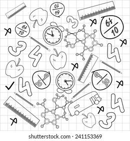 Conjunto de doodles científicos sobre papel cuadrado en blanco y negro.