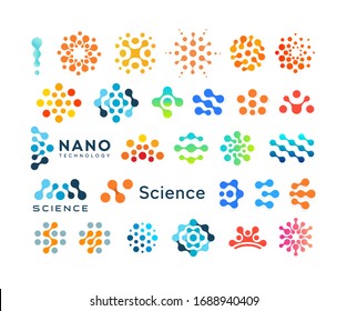 Set of science dots logo, creative dotted logotype, modern abstract emblem for innovation technology startup and business. Vector emblem collection