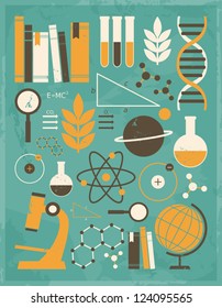 A set of science and education icons in vintage style.